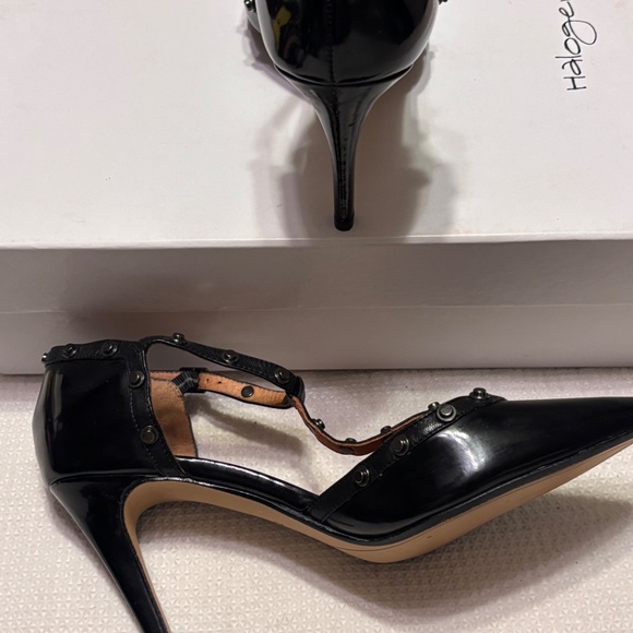 Halogen Hamartine-Lea Stiletto Black/Black Patent Sz 7.5 Pointy Toe Strappy - Picture 3 of 7